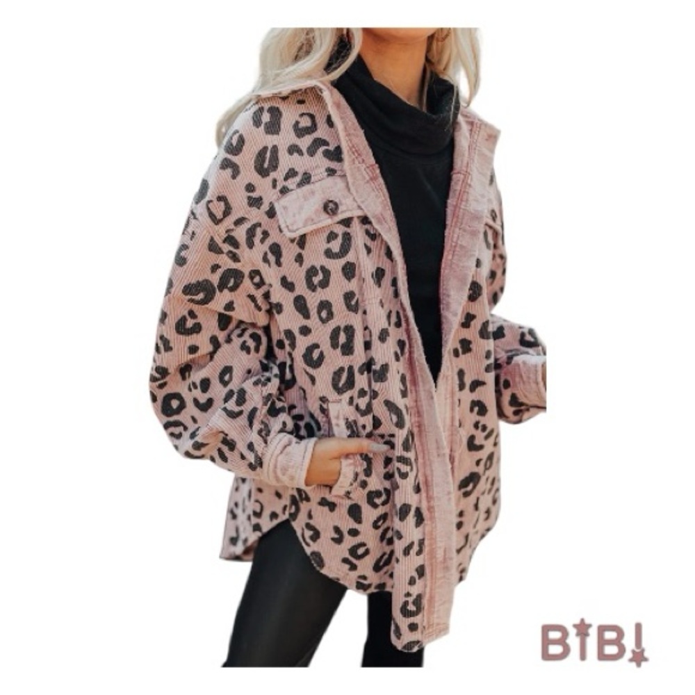 NWOT-BiBi Leopard Corduroy Pink Button-up Oversized Retro Vintage Shacket